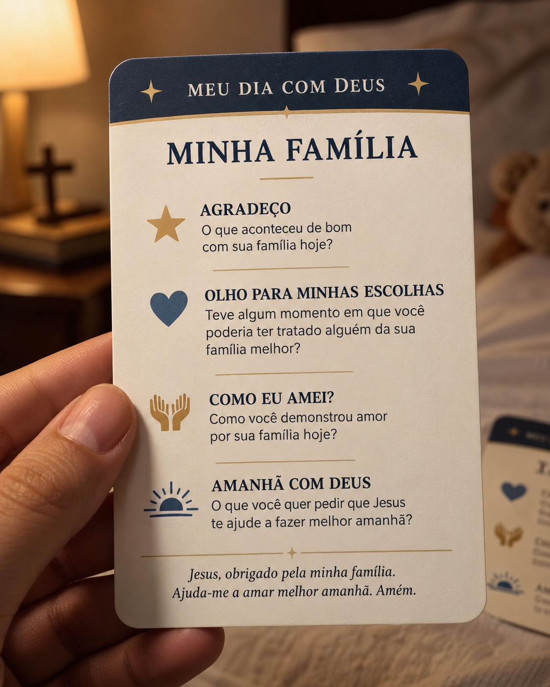 Card Minha Família do Boa Noite com Deus com perguntas de gratidão, escolhas, caridade e propósito para o dia seguinte.