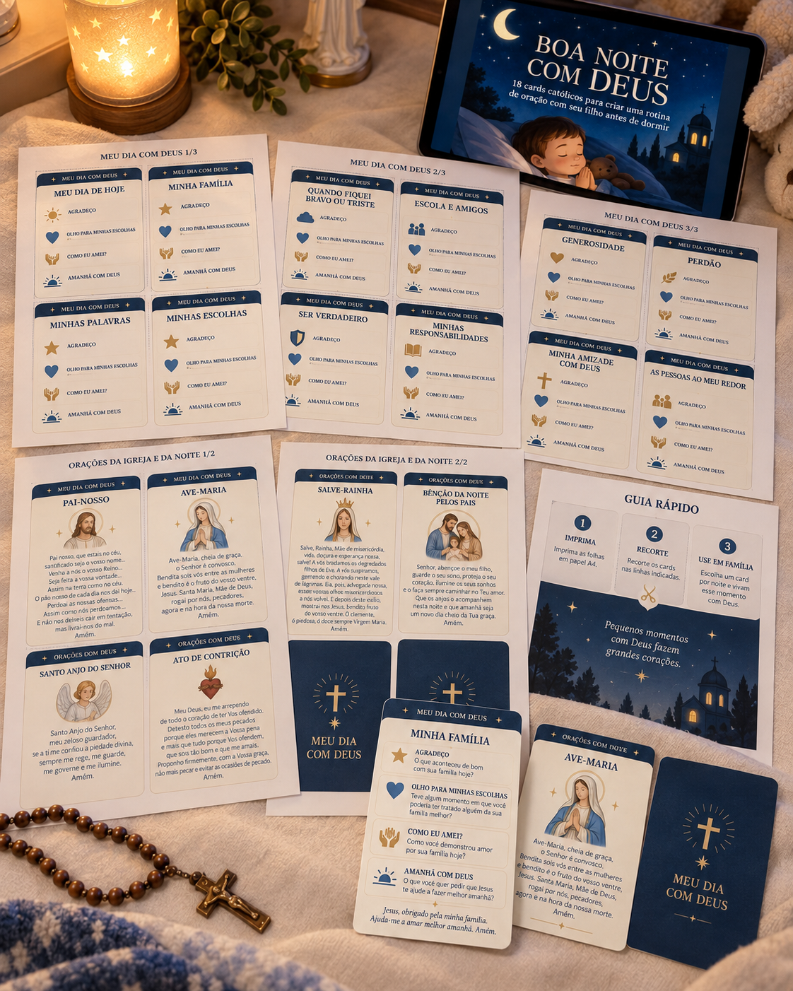 Conteúdo do Boa Noite com Deus com folhas A4 imprimíveis, cards Meu Dia com Deus, orações católicas, Guia Rápido e cards recortados.
