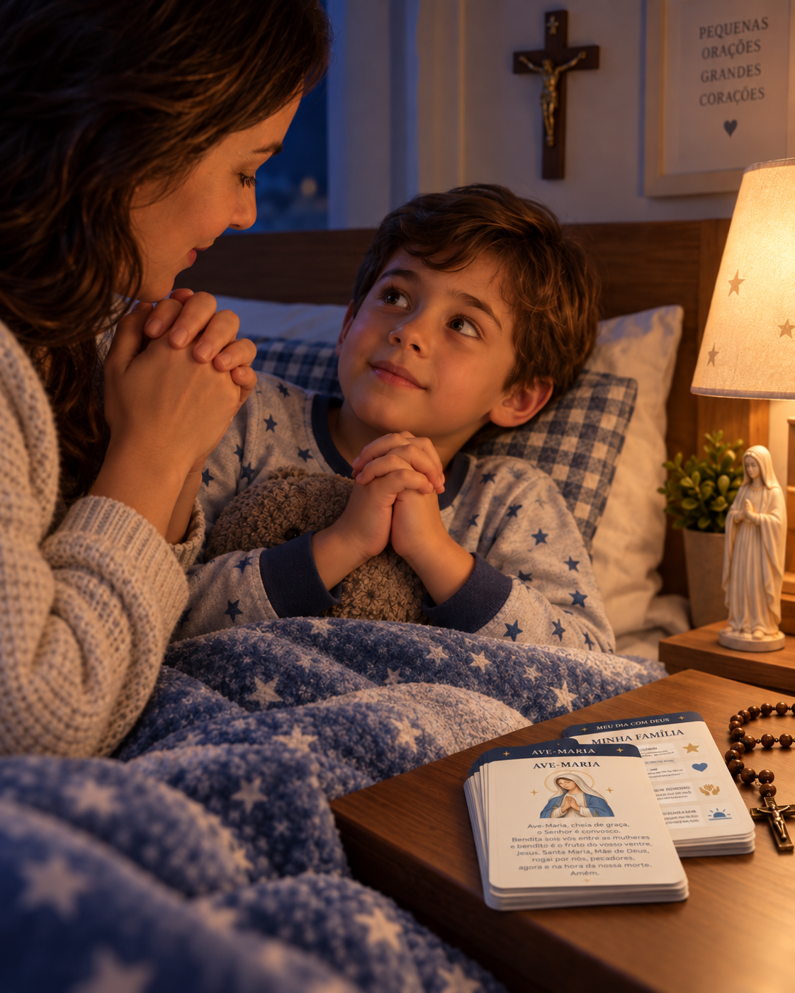 Mãe e filho rezando juntos antes de dormir com os cards Boa Noite com Deus organizados na mesa de cabeceira.
